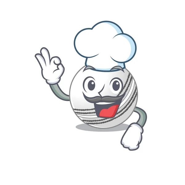 Personagem de desenho animado de bola de críquete vestindo traje de chef e chapéu branco — Vetor de Stock