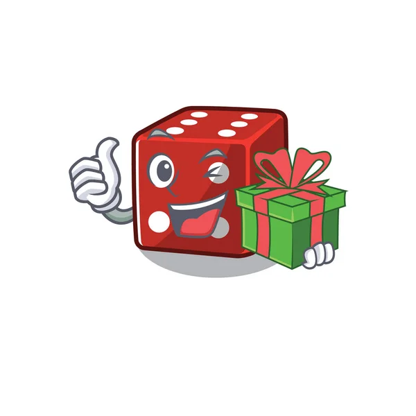 Personaje de dados sonrientes con en caja de regalo — Vector de stock