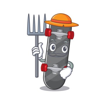 Neşeli Çiftçi kaykaycı. Şapkalı ve aletli karikatür.