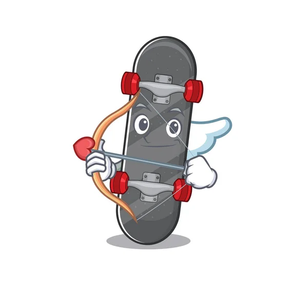 Romantisk skateboard Cupid tecknad karaktär med pil och vingar — Stock vektor