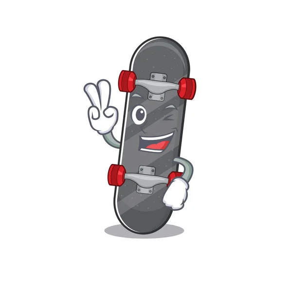 Mascotte souriante de personnage de dessin animé skateboard avec deux doigts — Image vectorielle