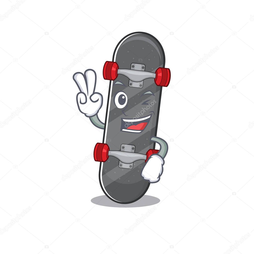 Smiley mascot of skateboard cartoon Character with two fingers