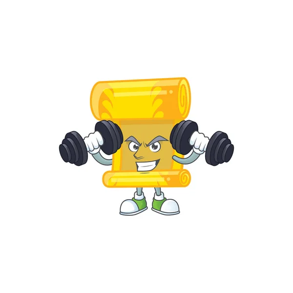 Fitness exercise chinese gold scroll mascot icon with barbells — Stock Vector