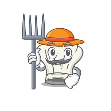 Neşeli çiftçi şapkalı, şapkalı ve aletli bir çizgi film.