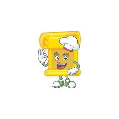 Çinli altın renkli çizgi film karakteri, şef kostümü ve beyaz şapka giyiyor.