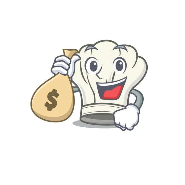 Happy bohatý kuchař klobouk kreslený postava s taškou na peníze — Stockový vektor
