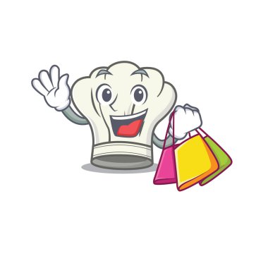 Mutlu, zengin bir aşçı şapkası, el sallıyor ve alışveriş çantası tutuyor.