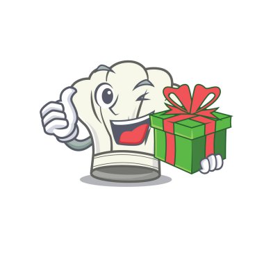 Gülümseyen aşçı şapka karakteri hediye kutusu ile