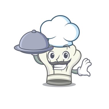 Aşçı şapkasının çizgi film dizaynı tepside yemek yiyen bir aşçı