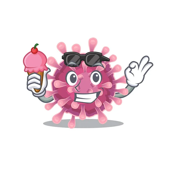 Projeto de desenho animado mascote vírus Corona com sorvete — Vetor de Stock