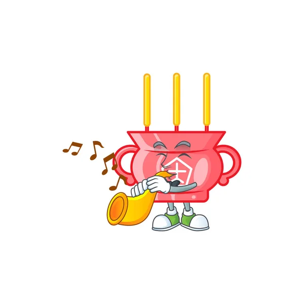 Estilo de personaje de dibujos animados de la actuación de incienso rojo chino con trompeta — Vector de stock