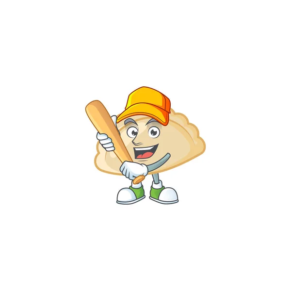Esportivo sorrindo pierogi banda desenhada mascote com beisebol — Vetor de Stock