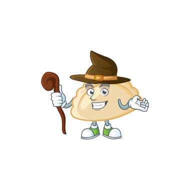 Cadı gibi giyinmiş, maskot tarzı bir pierogi.