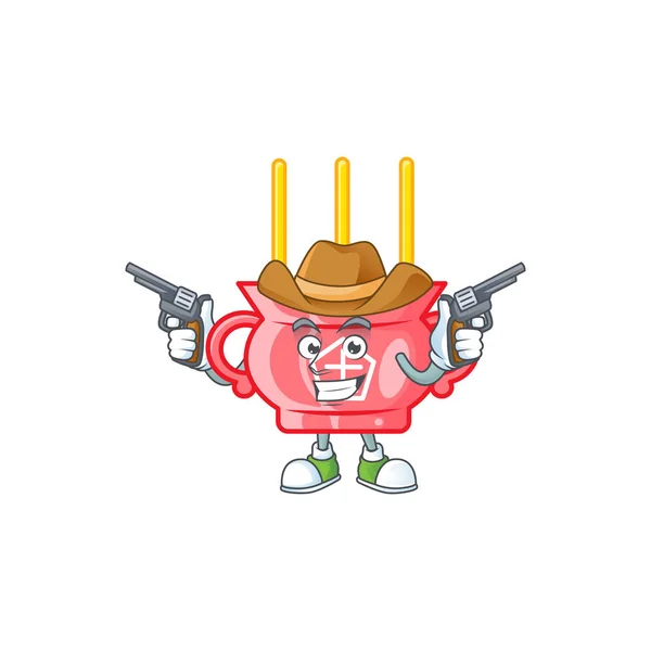 Confident chinese red incense Cowboy cartoon character holding guns — Stock Vector