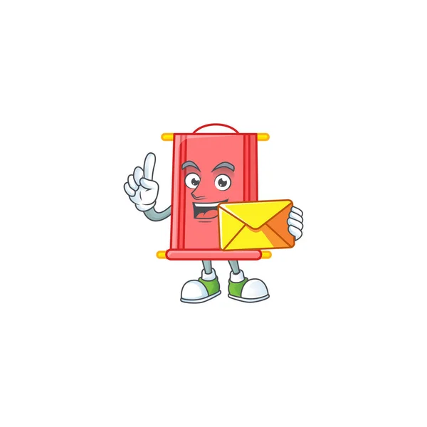 Cheerfully chinese red scroll mascot design with envelope — 스톡 벡터