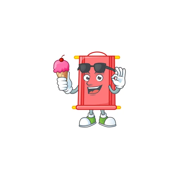 Chinês vermelho scroll mascote desenho animado com sorvete — Vetor de Stock