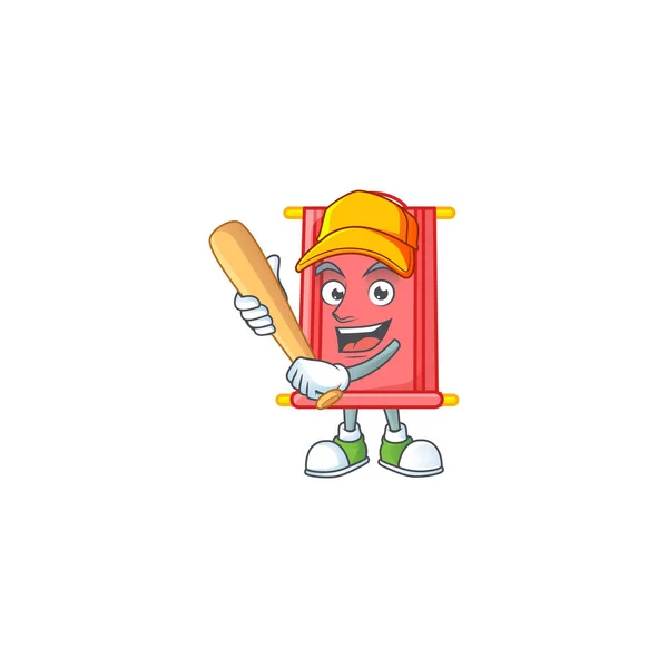 Esportivo sorridente chinês vermelho scroll cartoon mascote com beisebol — Vetor de Stock
