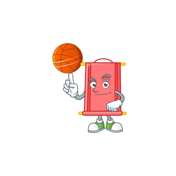 Ένας υγιής κινεζικός χαρακτήρας κινουμένων σχεδίων κόκκινο πάπυρο παίζει μπάσκετ — Διανυσματικό Αρχείο