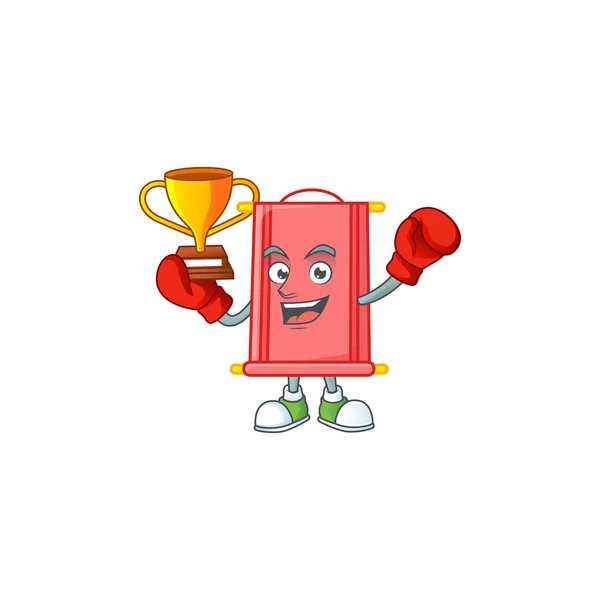 Fantástico vencedor de boxe do pergaminho vermelho chinês no estilo de desenho animado mascote — Vetor de Stock