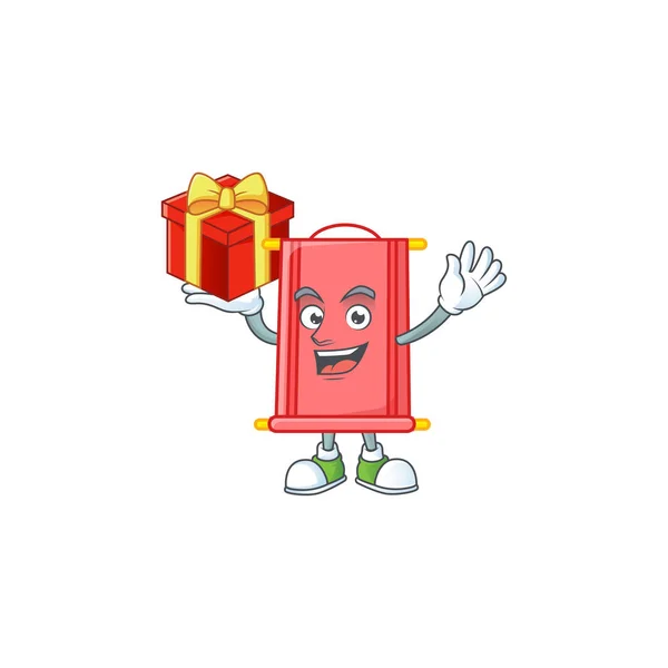 Happy face chinese red scroll cartoon character having a box of gift — 스톡 벡터