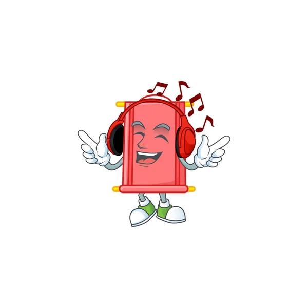 Çin müziği dinleyen kırmızı parşömen maskot karakter tasarımı — Stok Vektör