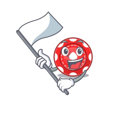 Komik kumar fişleri çizgi film karakteri tarzı ayakta duran bir bayrak taşıyor.