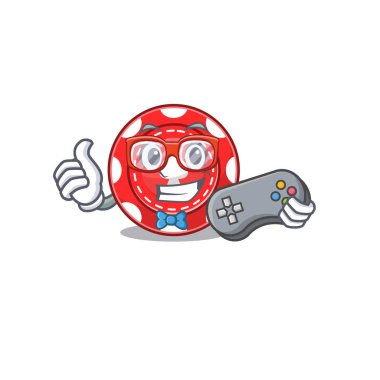 Gülen oyuncu kumar fişleri çizgi film maskotu stili