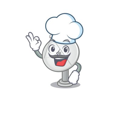 Şef kostümü ve beyaz şapka giyen uydu anten çizgi film karakteri.