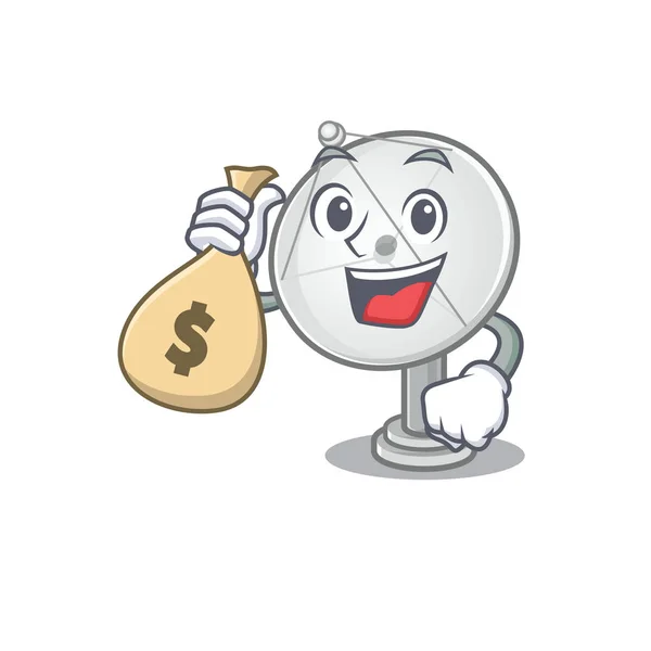 Feliz rico personagem de desenho animado parabólica com saco de dinheiro — Vetor de Stock