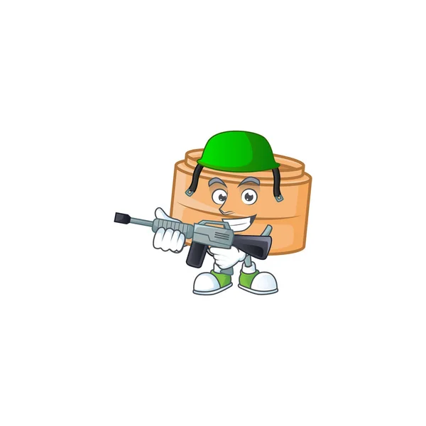Dimsum panier carton caractère dans un uniforme de l'armée avec mitrailleuse — Image vectorielle