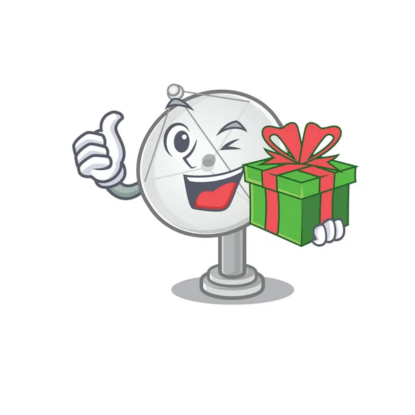 Smiley carácter parabólica con caja de regalo — Vector de stock