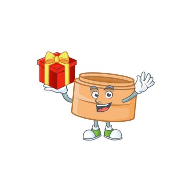 Happy face dimsum basket cartoon character having a box of gift