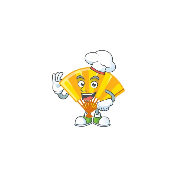 Personagem de desenho animado fã dobrável chinês de ouro vestindo traje de chef e chapéu branco — Vetor de Stock