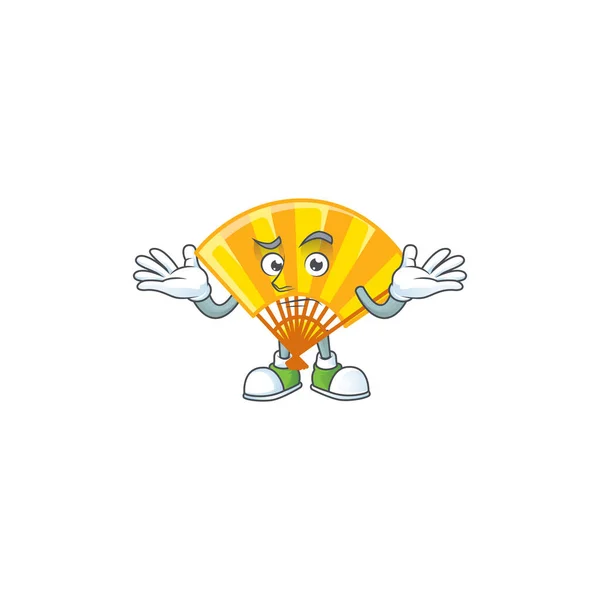 Super divertido sonriente oro chino plegable mascota del ventilador estilo de dibujos animados — Vector de stock