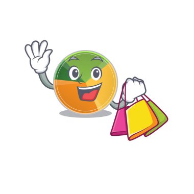 Mutlu ve zengin bir pasta grafiği, el sallıyor ve alışveriş torbası tutuyor.