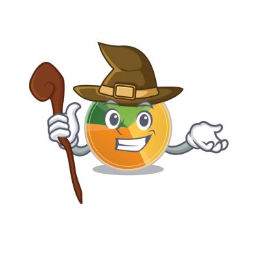 Cadı gibi giyinmiş, maskot tarzı pasta grafiği.