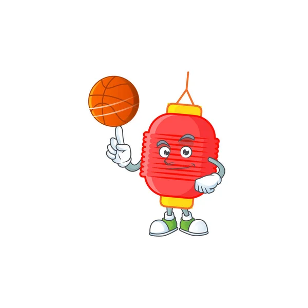Un personaje de dibujos animados linterna china saludable jugando baloncesto — Vector de stock