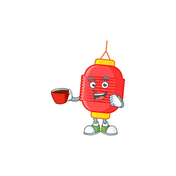 Personagem de desenho animado de lanterna chinesa com uma xícara de café — Vetor de Stock