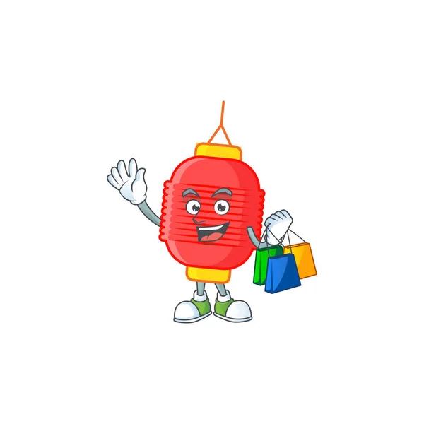 A happy rich chinese lantern waving and holding Shopping bag — Stock Vector