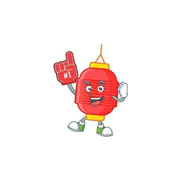 Chinês lanterna mascote estilo cartoon segurando um dedo de espuma — Vetor de Stock
