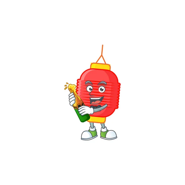 Mascote desenho animado de lanterna chinesa com garrafa de cerveja — Vetor de Stock