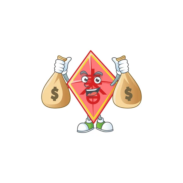 Obraz bogatego chińskiego czerwonego latawca postać kreskówki z dwoma torbami pieniędzy — Wektor stockowy