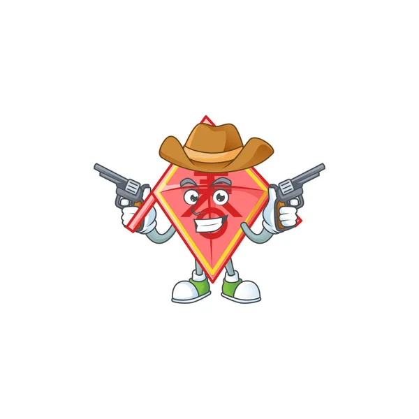 Confident chinese red kite Cowboy cartoon character holding guns — 스톡 벡터
