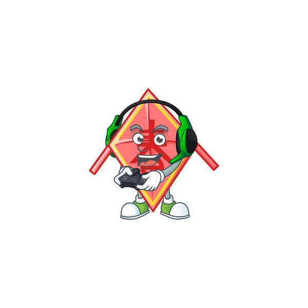 Cool chinês vermelho pipa cartoon mascote com fone de ouvido e controlador — Vetor de Stock