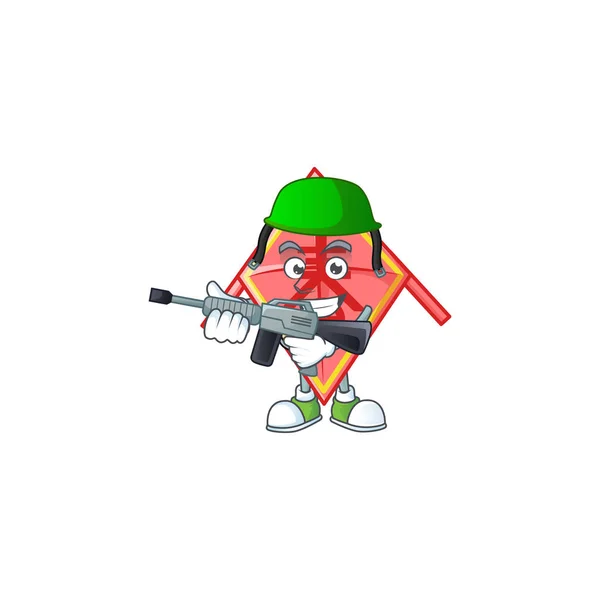 Chinese red kite carton character in an Army uniform with machine gun — 스톡 벡터