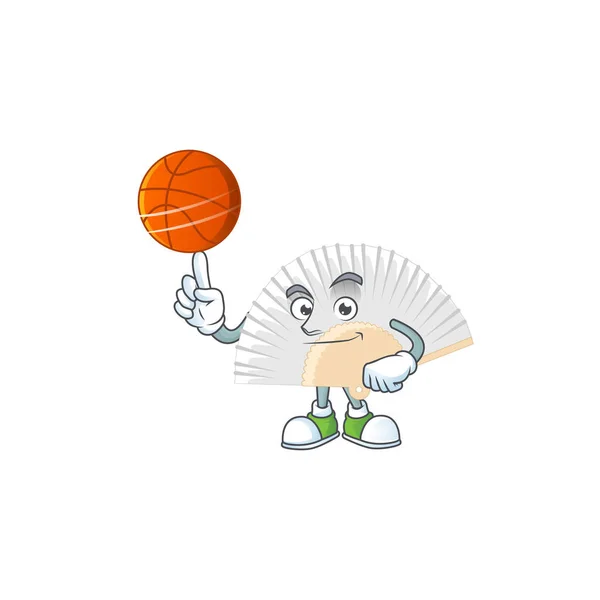 Um saudável branco chinês dobrável fã personagem cartoon jogando basquete — Vetor de Stock