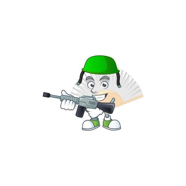 White chinese folding fan carton character in an Army uniform with machine gun — Stock Vector