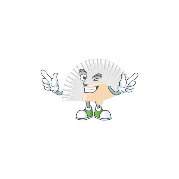 Cara divertida blanco chino plegable estilo personaje de dibujos animados ventilador con ojo guiño — Vector de stock
