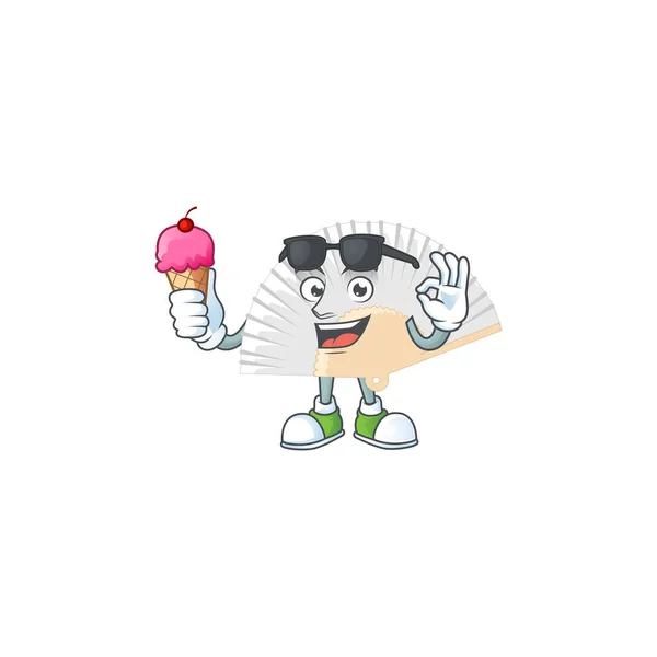 Blanco chino plegable mascota del ventilador de dibujos animados de diseño con helado — Vector de stock