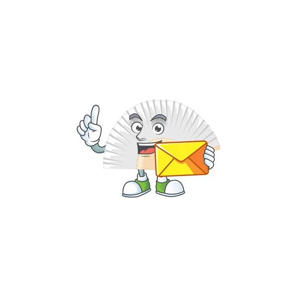 Mascotte de ventilateur pliante chinoise joyeusement blanche avec enveloppe — Image vectorielle
